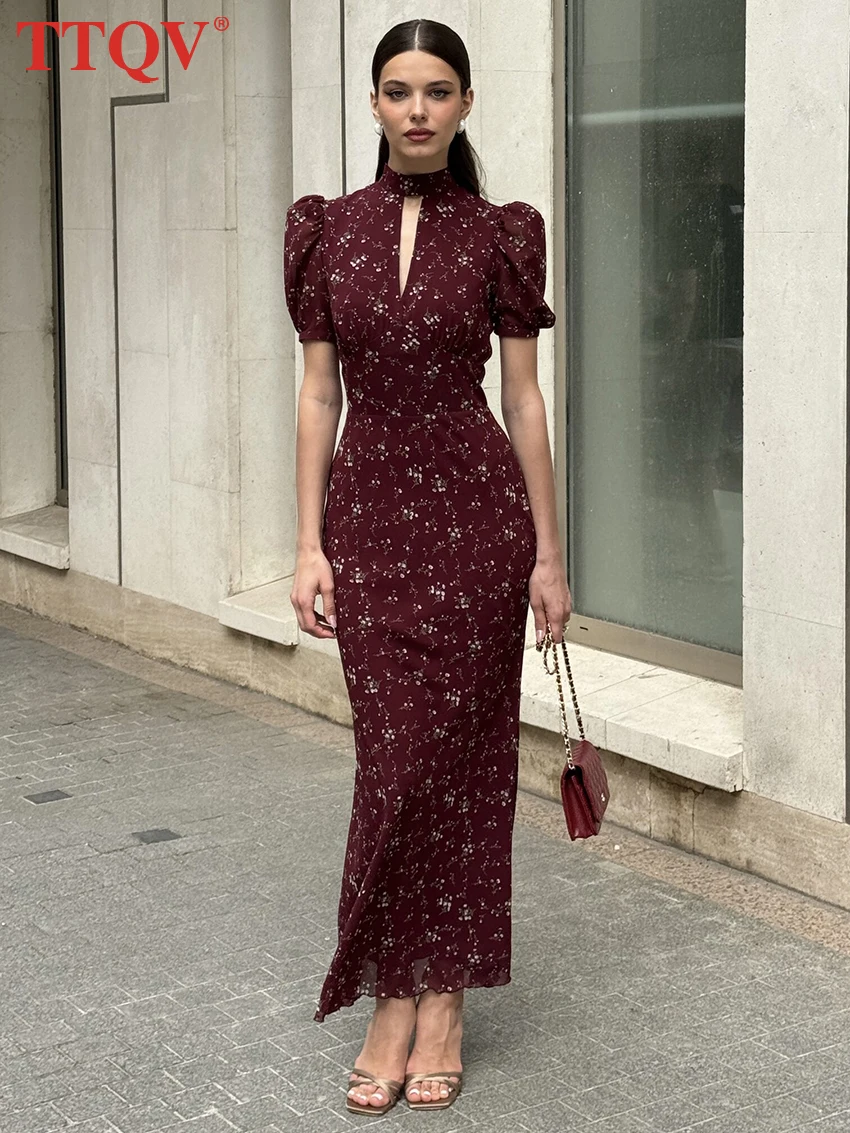 

TTQV Summer Slim Print Women's Dress 2026 Fashion Stand Collar Short Sleeve Ankle Length Dresses Elegant Classic Female Dress