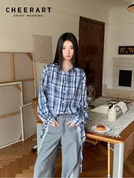 CHEERART Plaid Bandage Long Sleeve Shirt Women Loose Button Up Collared Shirts & Blouses Designer Top Fashion Clothing