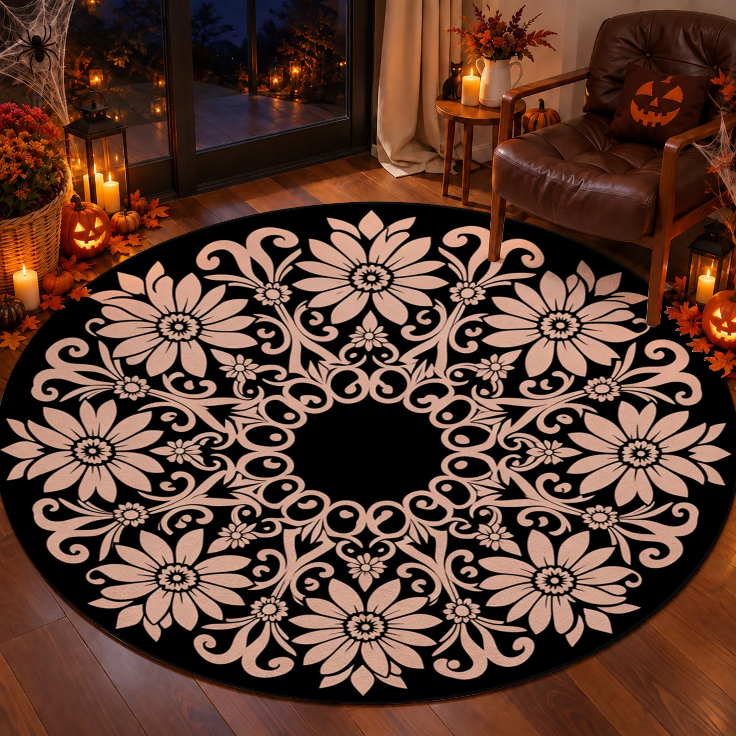 Floral Mandala Pattern Round Rug, Soft Velvet Material, Machine Washable, Suitable for Living Room, Bedroom, Dining Area, Entryway, Ideal for Halloween, Thanksgiving, Christmas, New Year, Black Friday, Cyber Monday Decor