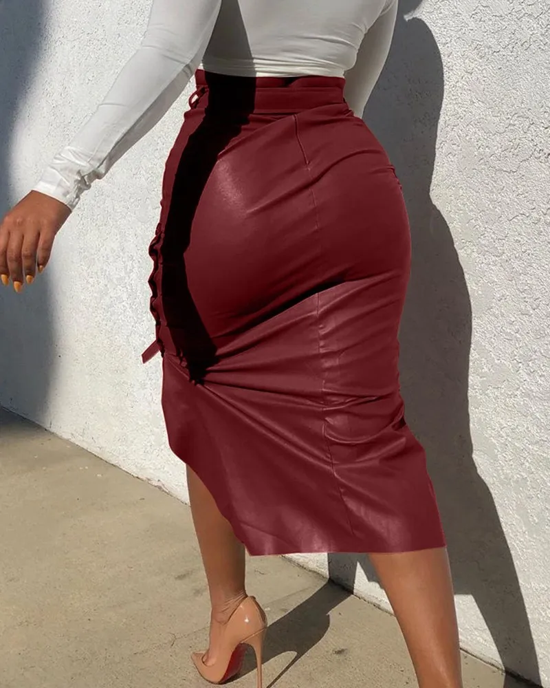 Elegant High Side Split Faux Leather Women Button High Waist Maxi Asymmetric Skirt 2024 Street INS PU Bodycon Midi PU Skirts