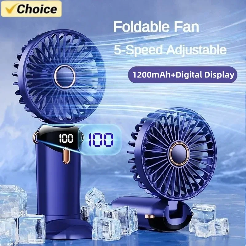 Mini ventilador de mano USB, ventilador portátil plegable para colgar en el cuello, 5 velocidades, recargable por USB con soporte para teléfono y pantalla de visualización