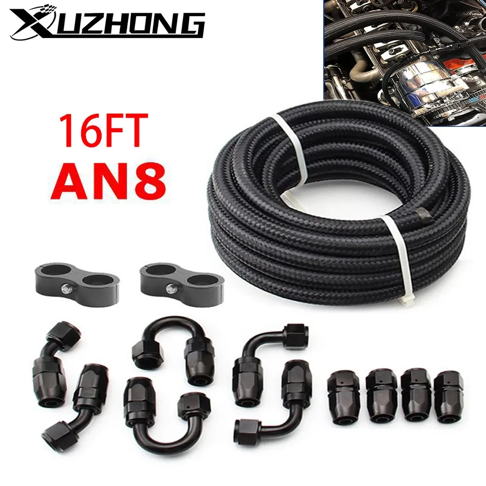 16FT 8AN AN8 Oil Fuel Fittings Hose End 0+45+90+180 Degree Oil Adaptor Kit Braided Oil Fuel Hose Line 5M Black With Clamps