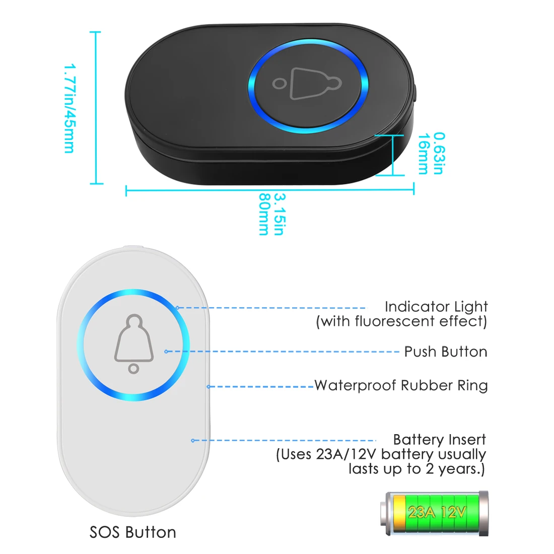 433MHz Waterproof Wireless Doorbell Button SOS Emergency Panic Button LED Night Vision Fluorescent Ring Flash Alarm Accessories