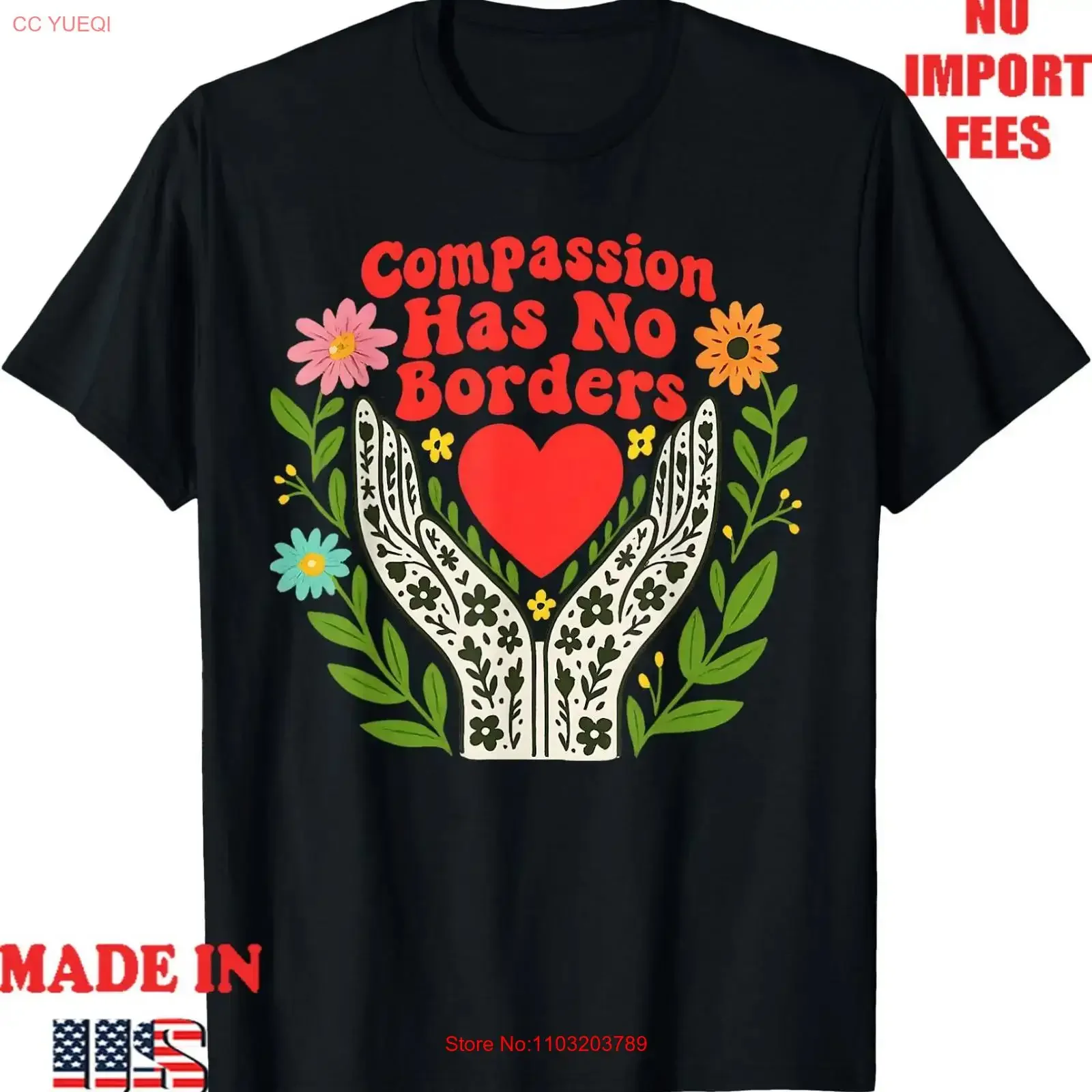 T-shirt Compassion Has No Borders pour adultes et enfants, vintage, délavé, unisexe, polyvalent, pour un usage quotidien, vêtements de créateur élégants