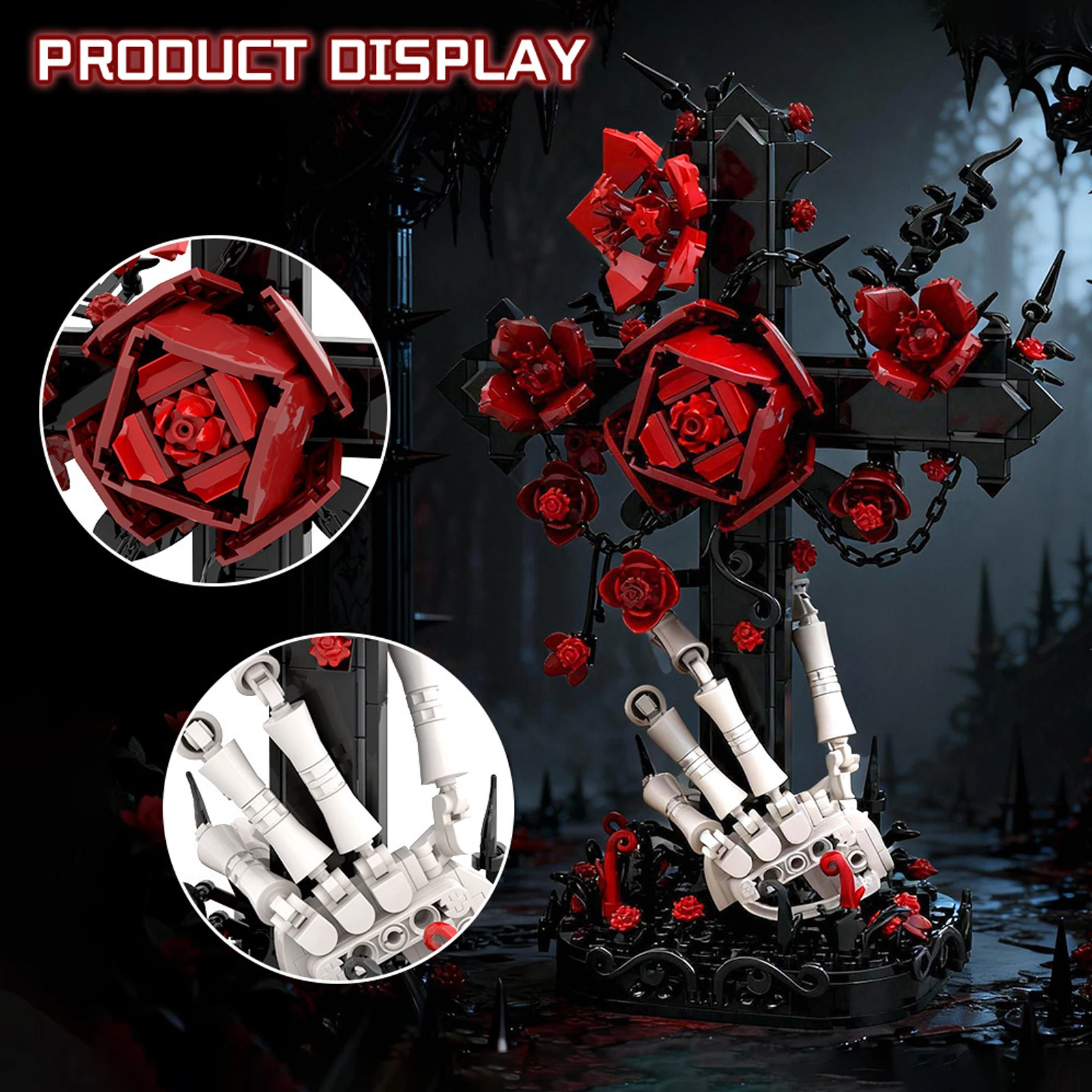 MOC Cruz cráneo mano Rosa bloques de construcción flores góticas modelo fiesta decorar foto accesorios montaje juguetes adornos regalos
