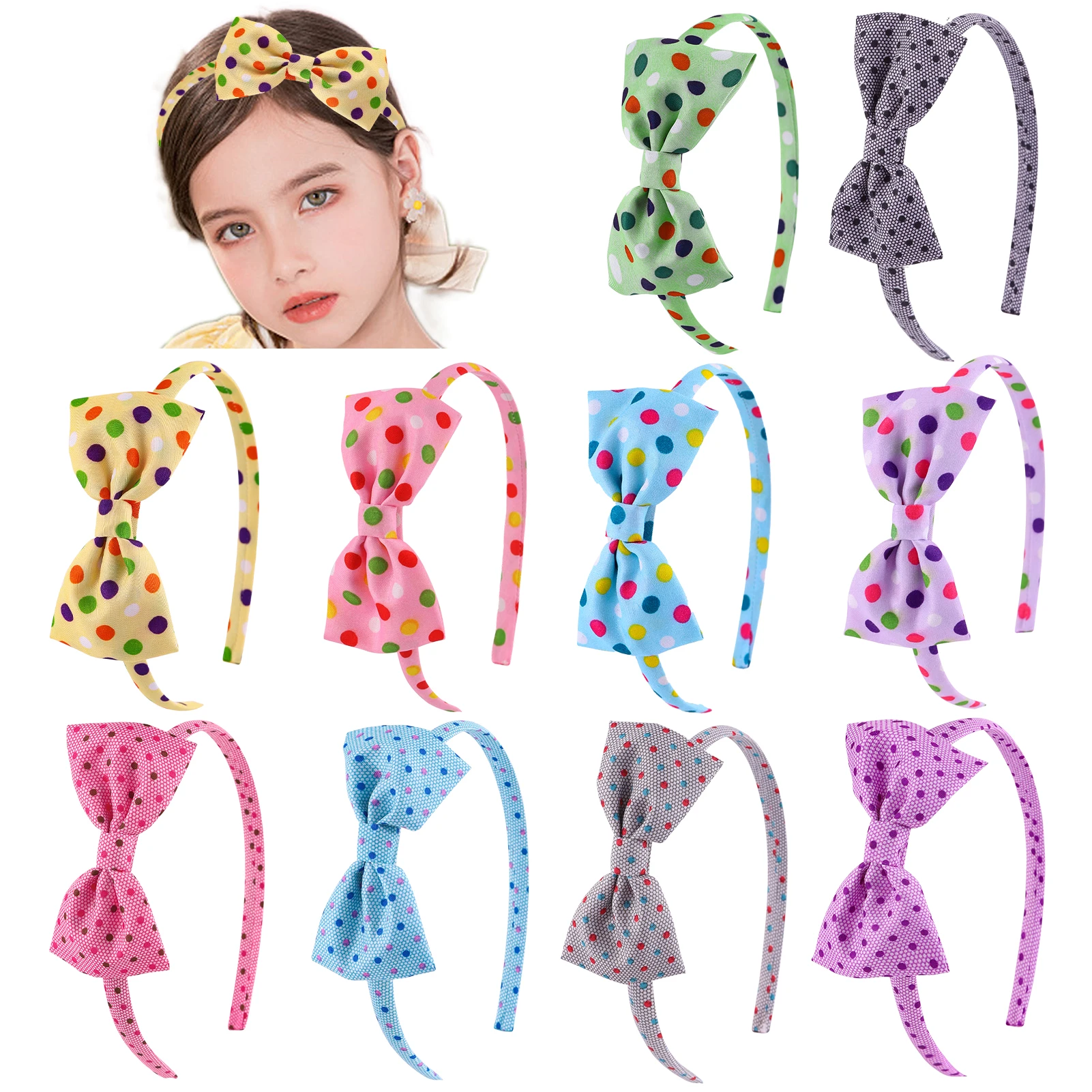 

3/10pcs Fashion Bow Tie Headband Girls Kpop Dots Plastic Cloth Colorful Bow Knot Hairband Kids Birthday Party Hair Accessories