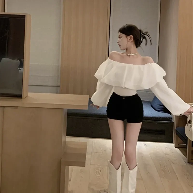

Women's White Off-Shoulder Blouse Ruffled Puff Long Sleeve Slim Fit Elegant Casual Party Top