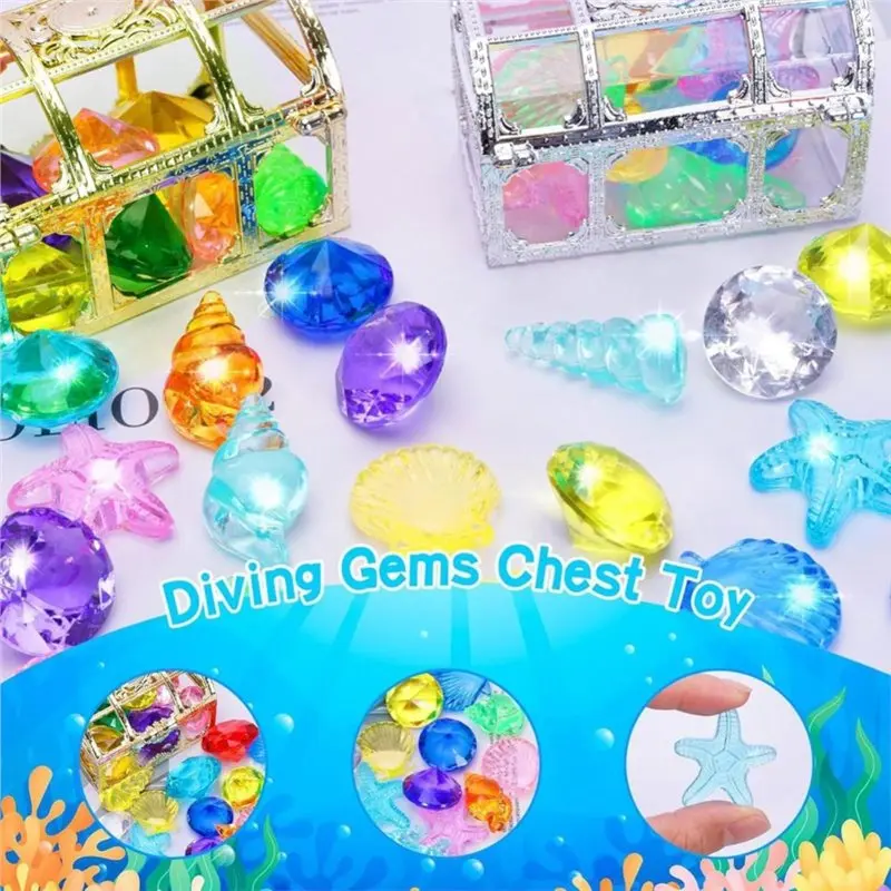 CYGJ-Underwater Swimming Pool Diving Gem Toy Set- 24Pcs Colorful Gemstone With Pirate Treasure Chest Game Accessories