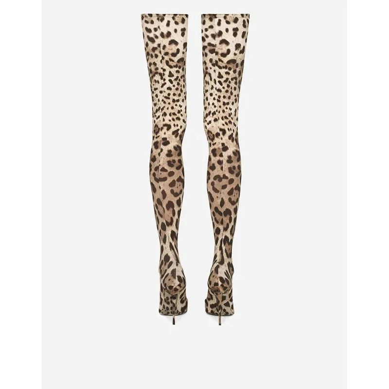 European and American Sexy Leopard Print Knee Length Elastic Sleeve Boots, Nightclub Runway Boots, Women\'s Four Season Boots