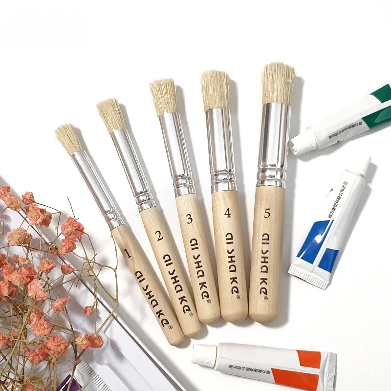 5pcs Simplicity Short Watercolor Paint Brushes for Kids Adult Bristle Flat Round Head Art Oil Painting Brush Art Paint Supplies