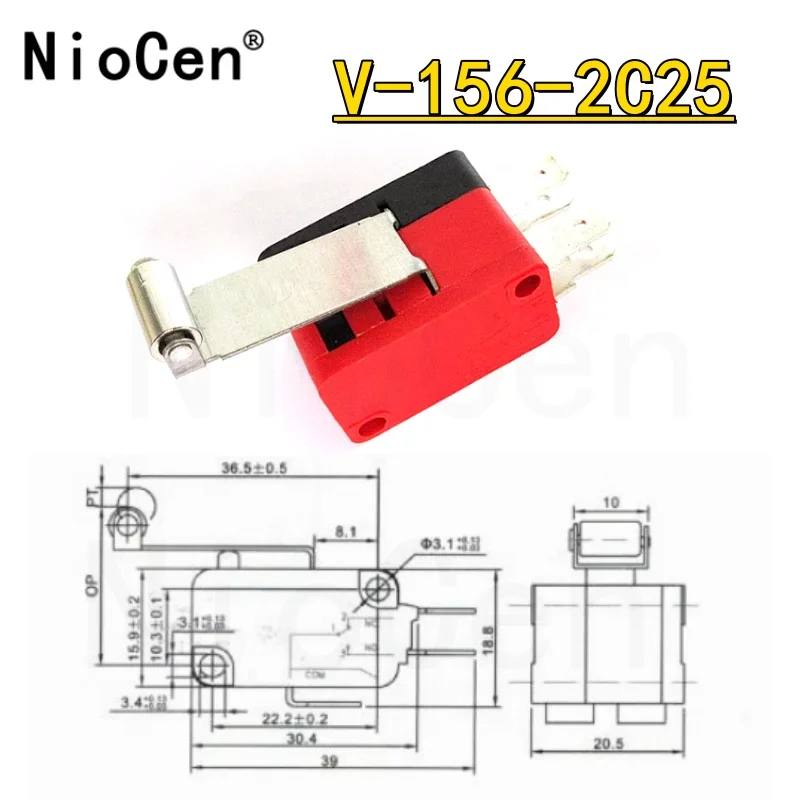 （1pcs）V-156-2C25 Dual micro switch V-156-2C25 silver contact 16A250V pin 4.8mm long handle with copper wheel