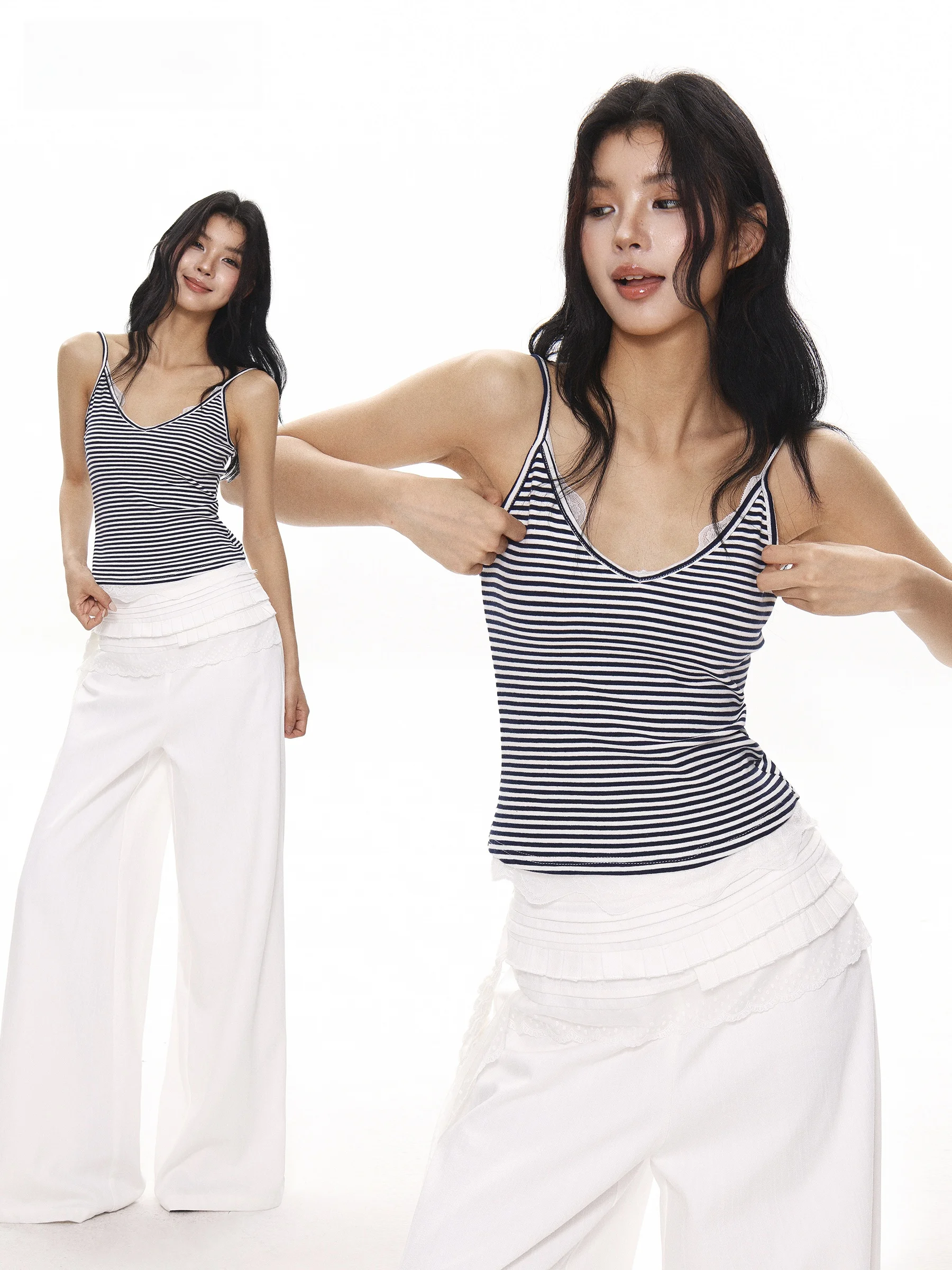 

Slim Fit Lace Trim Halter Vest Women Summer American Style Hot Girl Stripe Design Sleeveless Top Breathable Short Length