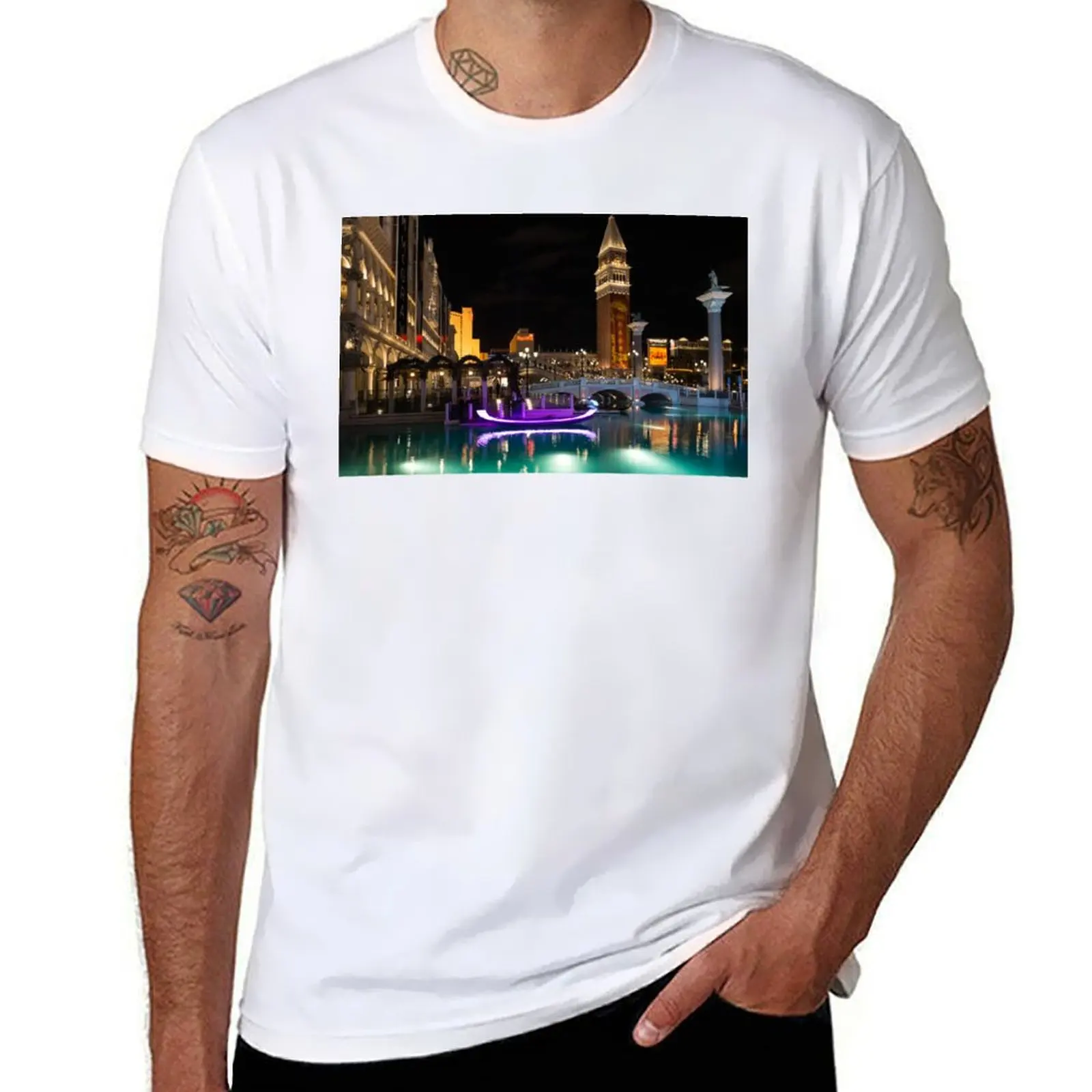 

Lighting Up the Night in Neon - Colorful Canals and Gondolas at the Venetian Las Vegas T-Shirt men t shirt cotton 100% T-Shirt