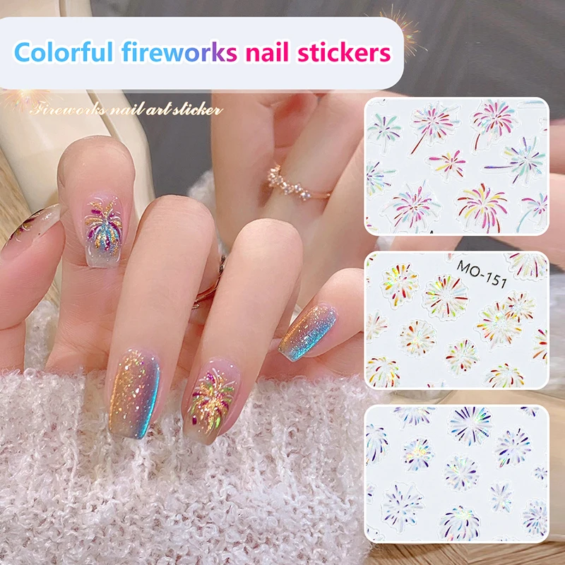 1Pcs Laser Firework Nail Stickers 3D Self-Adhesive Blooming Colorful Fireworks Nail Art Decals New Year Design Nail Slider