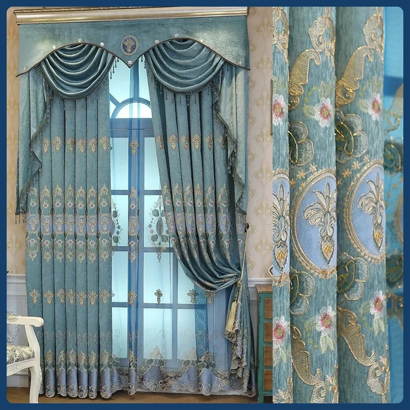 

Custom Size European Embroidered Coffee Luxury Curtains for Living Room Bedroom Window Blackout Valance Tulle Valance Chenille