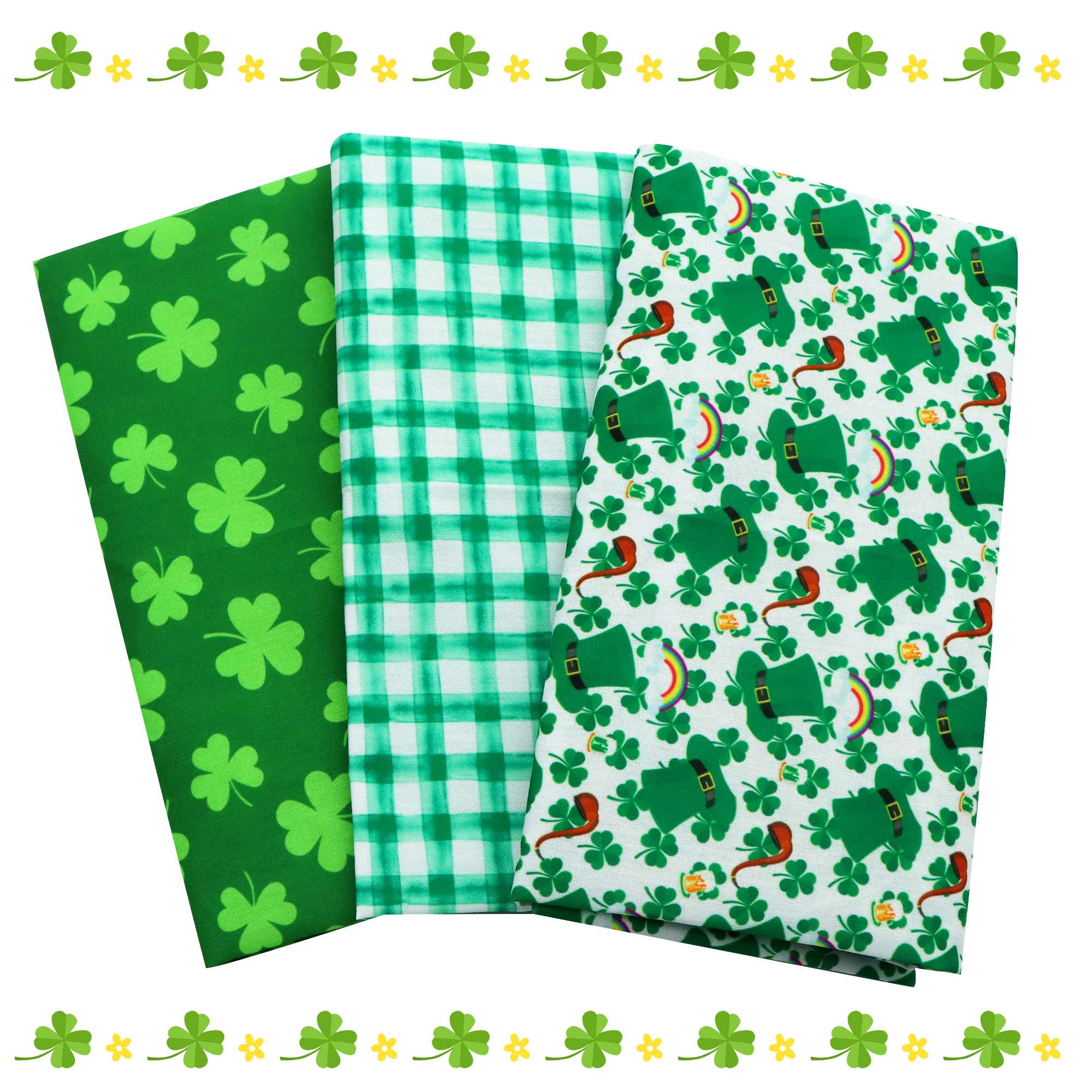 Pre-cut 3pcs/Set 17.7x19.68inch(45x50cm) St. Patrick's Day Clover Green Leaf Shamrock Theme Fabric Set Quilted