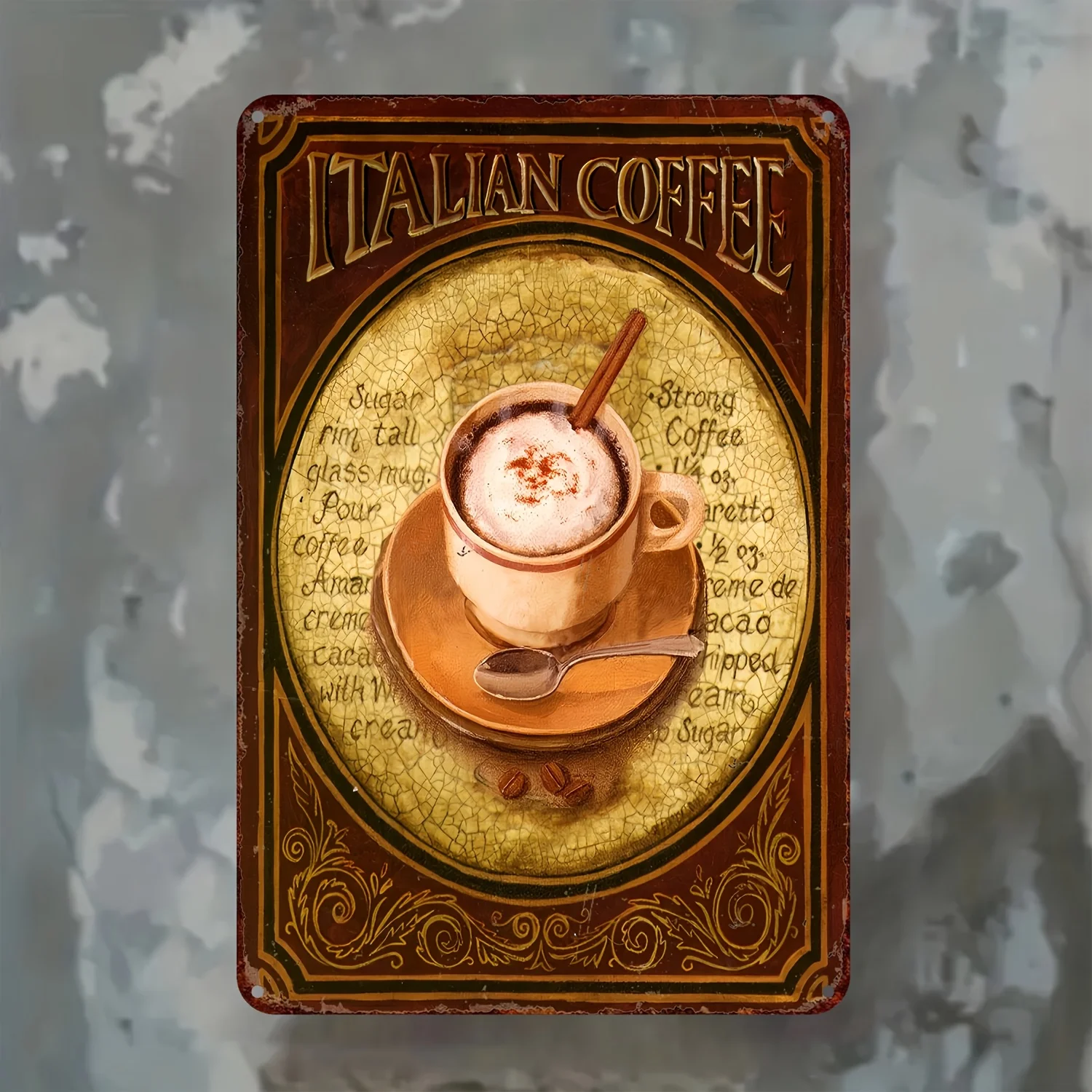 Vintage Italian Coffee Metal Sign -  Aluminum Wall Art with Espresso,Cappuccino Illustrations, Aged Parchment Texture Retro Ki