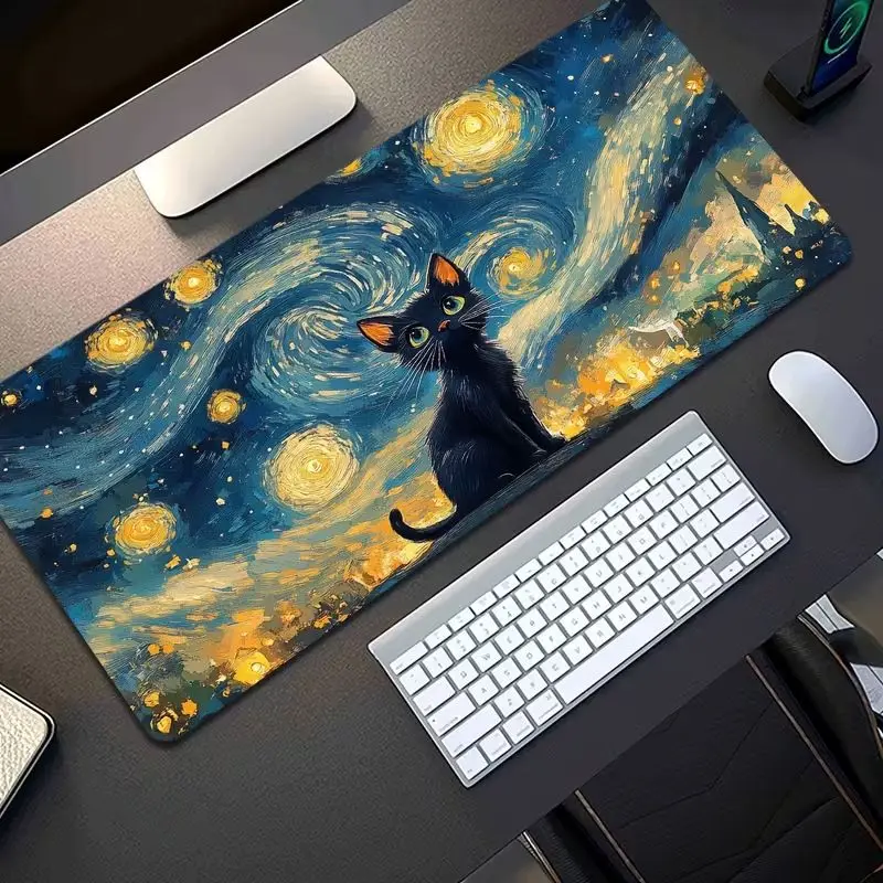 VIKAMA Vintage Starry Night Black Cat XXL Desk Mat Anti Slip Waterproof Art Oil Painting Keyboard Mouse Pad Home Decor