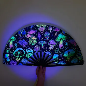 In The Dark Mushroom Folding Fan Vibrant Neon Psychedelic Design Handheld PP Material for Parties Raves Halloween