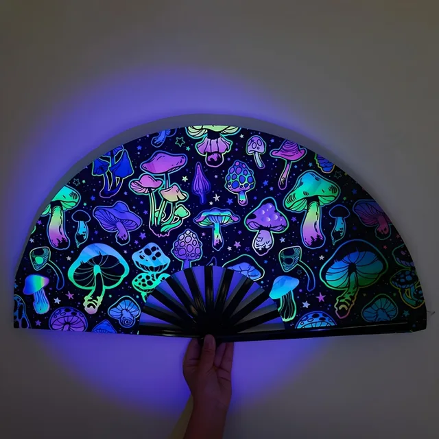 In The Dark Mushroom Folding Fan  Vibrant Neon Psychedelic Design Handheld PP Material for Parties Raves Halloween