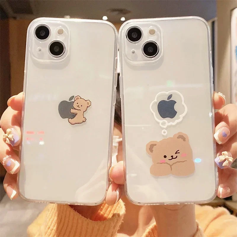 Cartoon Animal Teddy Bear Clear Case for iPhone 15 12 13 14 11 Pro Max Mini 7 8 14 Plus SE X XR XS Soft Silicone Shockproof Case