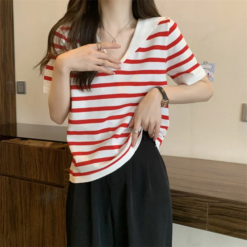 College Style Striped T-shirt Women Navy Neck Ice Silk Knitted Short Sleeve Top Blouse
