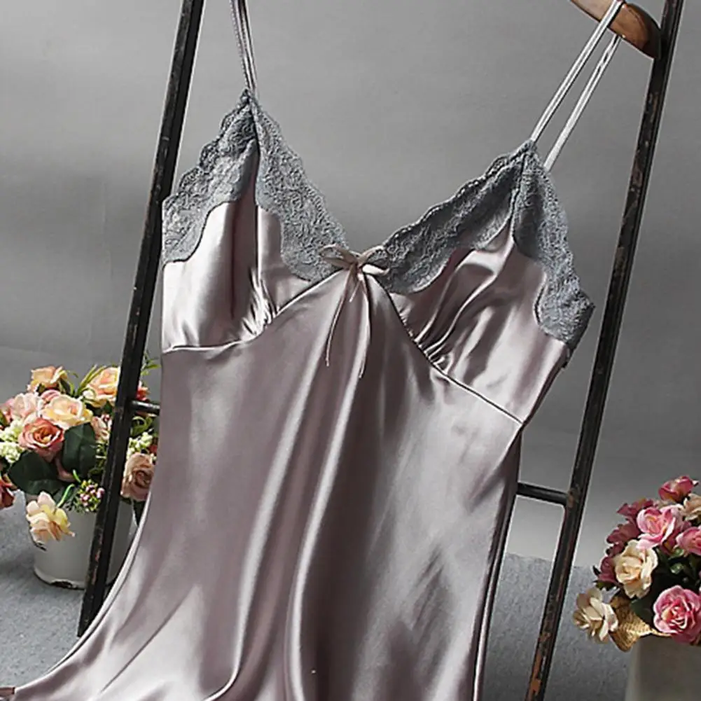 Women Nightdress Satin V Neck Spaghetti Strap Backless Sleeping Sleeveless Lace Patchwork Women Night Robe Women Garment