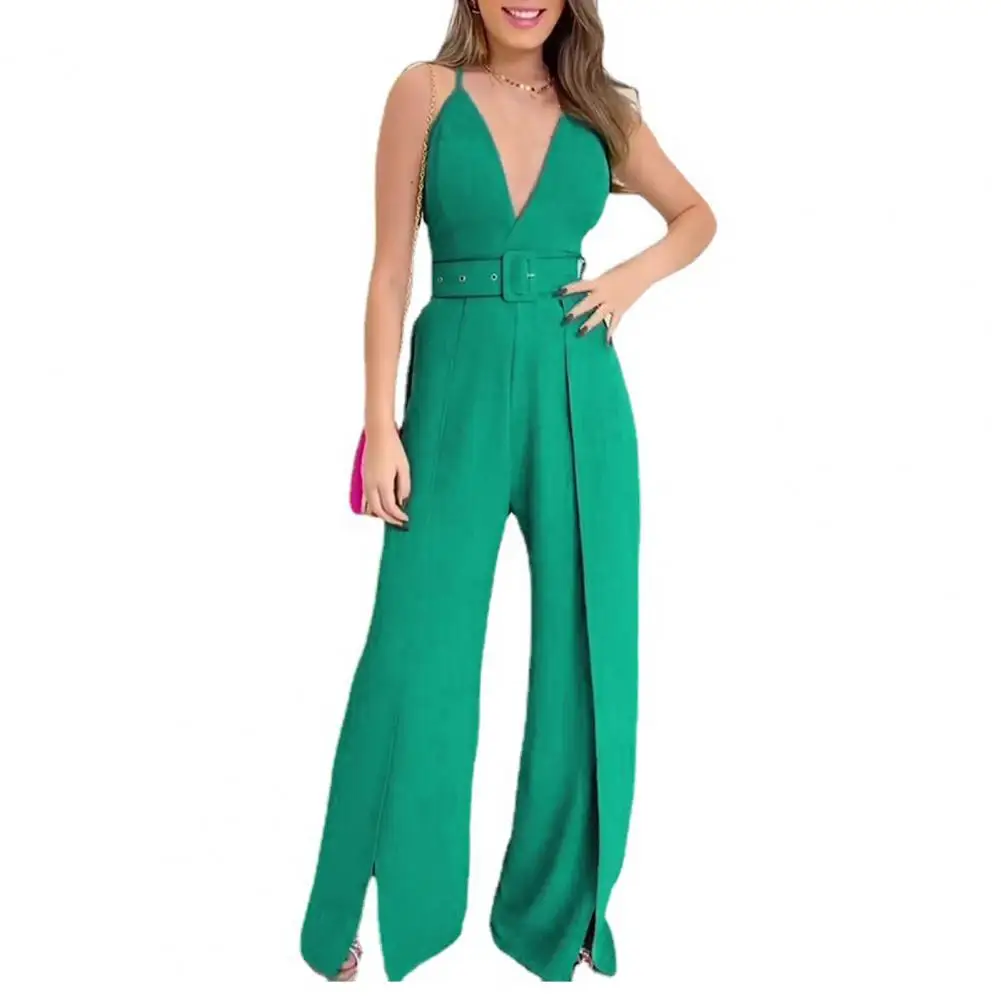 

Women Jumpsuit V Neck Sleeveless Wide Leg Split Hem Loose Belted Tight Waist Business Jumpsuit combinaison femme