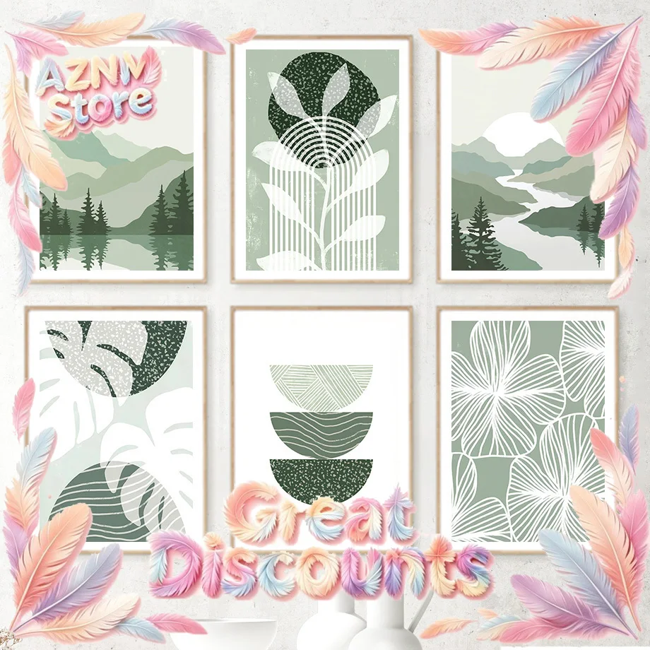 2026Mountain River Sun Rainbow Line Leaf Posters And Prints Geometry Wall Art Canvas Painting Pictures For Living Room Deco