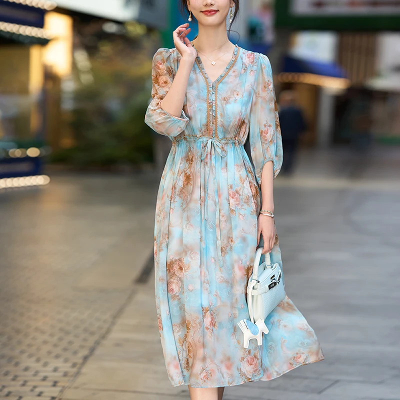 New Summer Dresses For Women V-neck 100% Real Silk Women's Long Dress A-line Holiday Style Elegant Chic Floral Print Dress