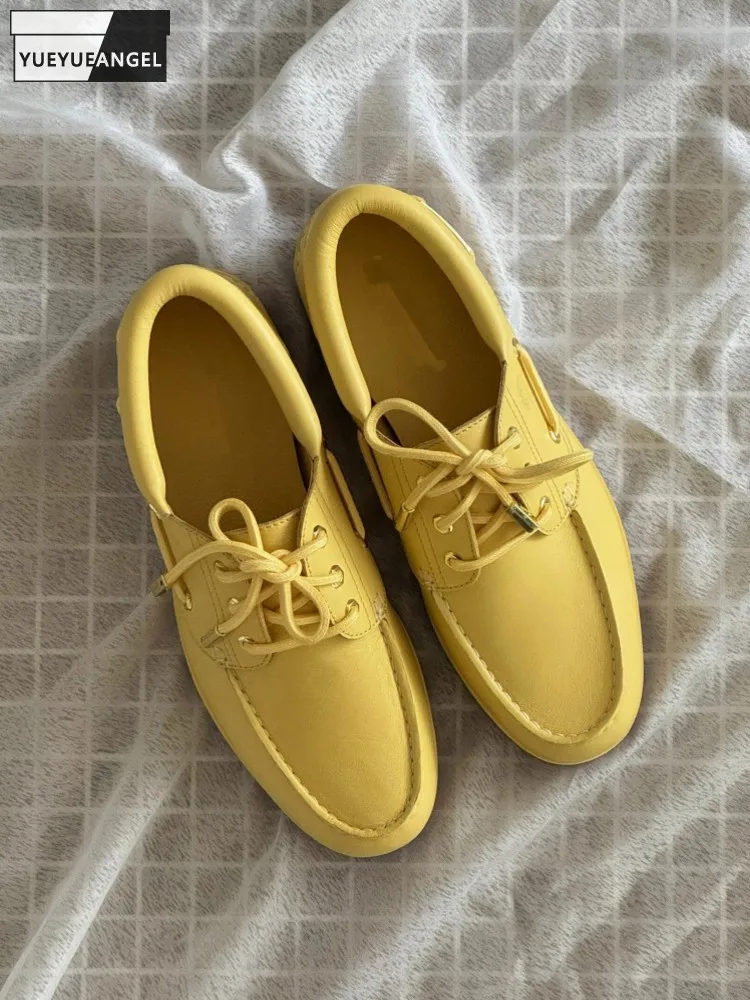 Casual Men Versatile Comfortable Yellow Cowhide Genuine Leather Round Toe Skateboard Shoes Lace Up Jogging Sneakers Men Designer