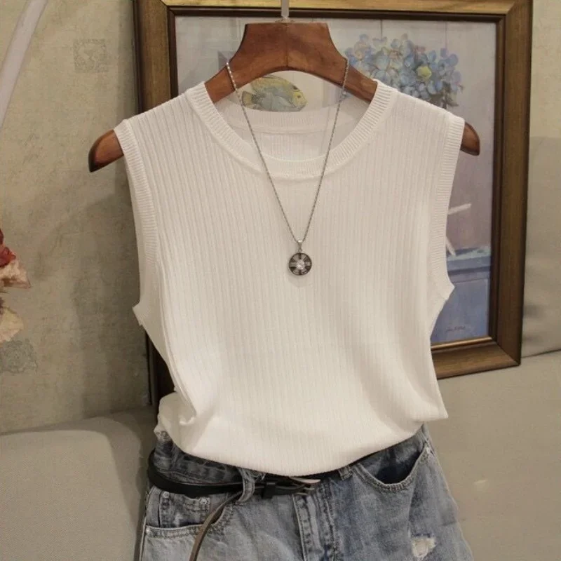 2024 Solid Color Summe Fashion Sleeveless Women Blouse O-neck Knitted Tops Elegant Casual Clothes Knitted Vestrs Tank Top