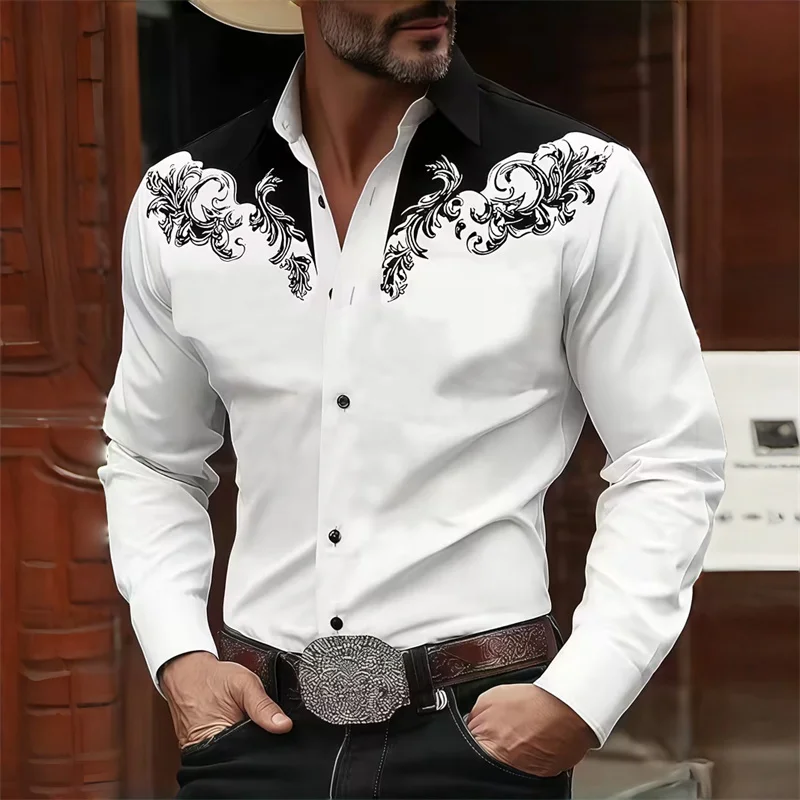 Men's Western Cowboy Style Black and White Color Block Print Long-Sleeve Shirt, Retro Fashion Casual Top, High-Quality Fabric