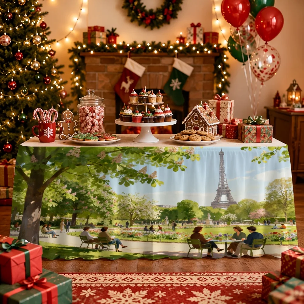 Paris Park Eiffel Tower Printed Christmas Tablecloth and Tablecloth Skirt, for decoration at holiday dining parties