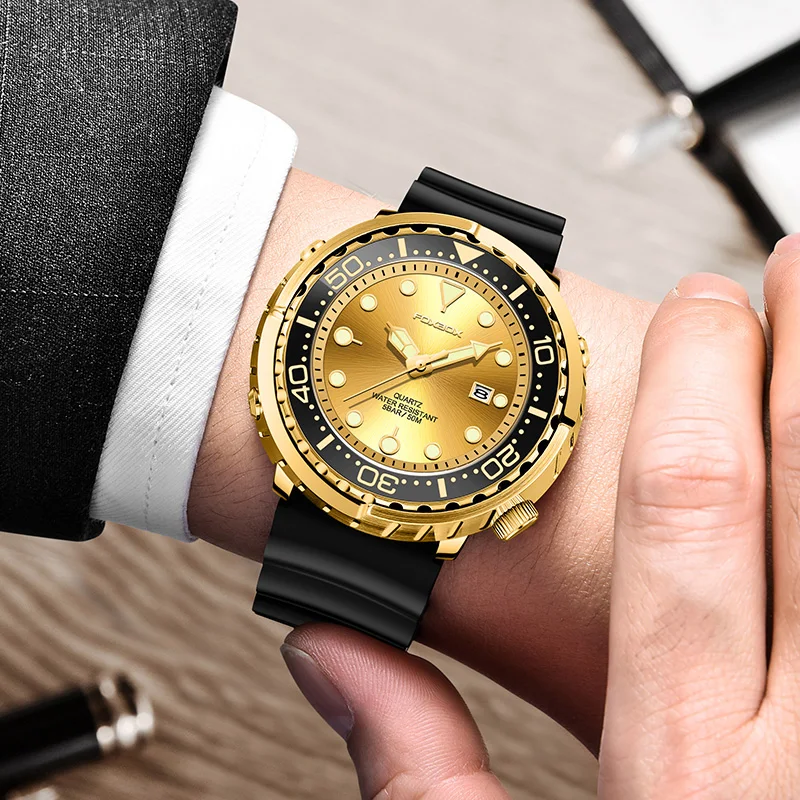 LIGE موضة ساعة ذهبية للرجال العلامة التجارية الفاخرة 50 متر مقاوم للماء ساعة يد رجالي كوارتز العسكرية سيليكون الرياضة غواص ساعة الرجال
