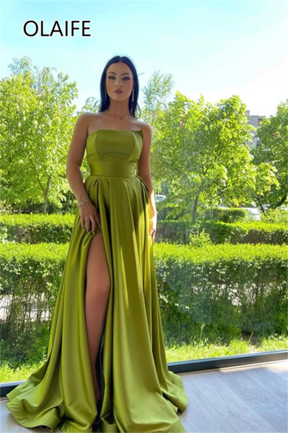 Women's Simple Off-Shoulder Satin Fomral Evening Dress A-line Backless Split Side Bridal Prom Dress with Court Customzied