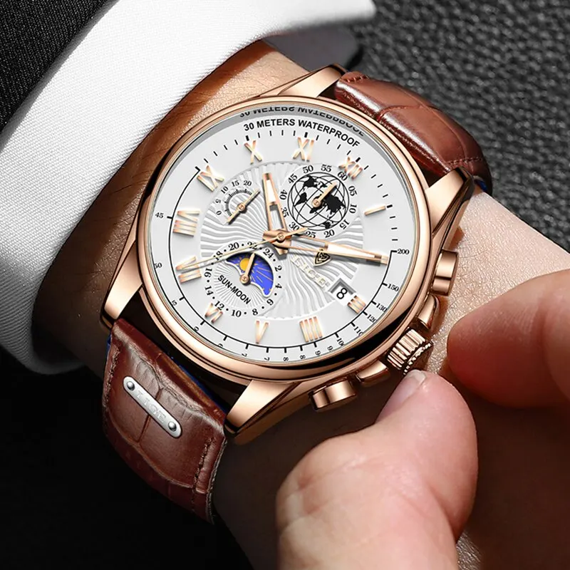 LIGE Casual Sport Watches for Men Top Brand Luxury Military Leather Wrist Watch Man Clock Fashion Chronograph Wristwatch