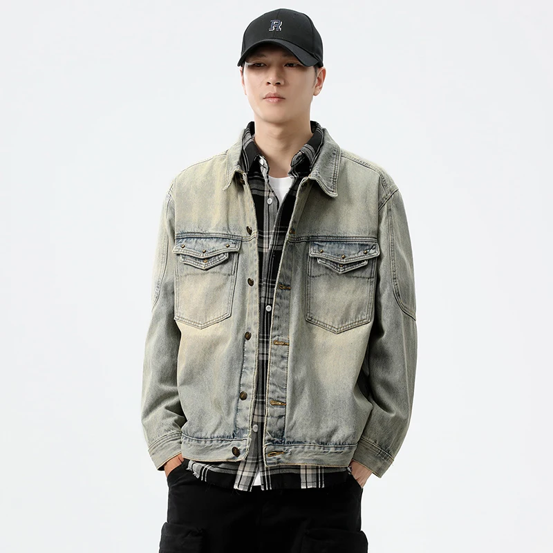 

Men Streetwear Fashion Loose Casual Vintage Washed Denim Cargo Jacket Man Spring Autumn Jeans Coat Outerwear