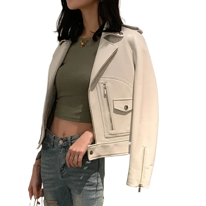 Women's Moto Biker Zipper Jacket 2023 Spring and Autumn Street Suit Lapel Real Leather Sheepskin Zipper Cuffs Slim Short Coats