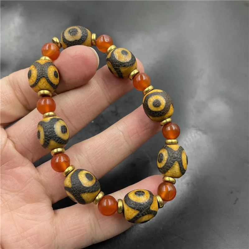 Retro Distressed Three-Eye Dzi Beads Old Agate Bracelet