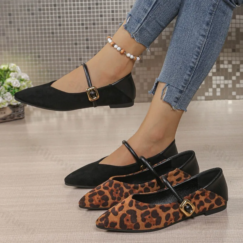 

Retro Fashion Leopard Shallow Mouth Casual Mary Jane Shoes for Women Autumn 2025 New Pointed Head Comfortable Flat Single Shoes