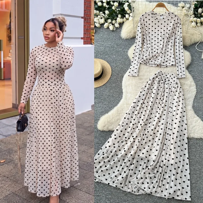 Elegant Women Heart Print 2 Piece Outfit, Long Sleeve Mesh Top & Maxi Skirt Set, Sheer Mesh Matching Suit, Fall Casual Dress Set