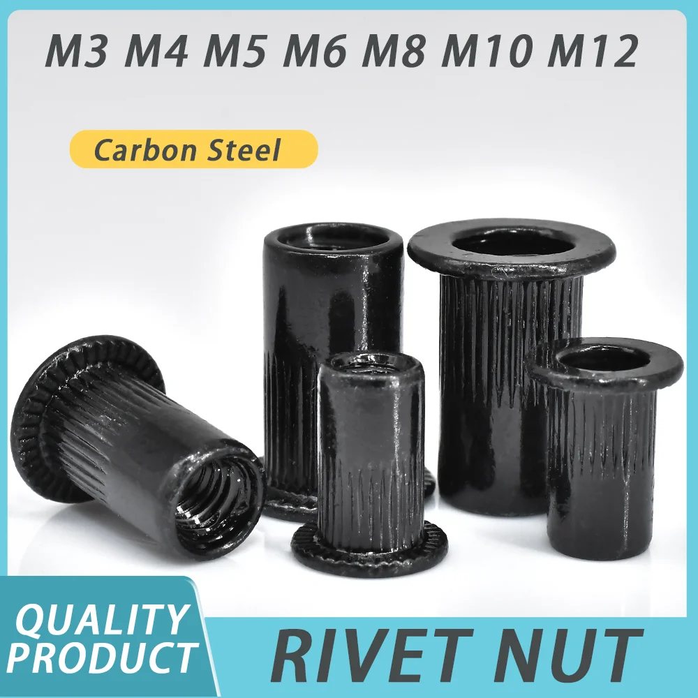 5-50pcs Flat Rivet Nut M3 M4 M5 M6 M8 M10 M12 Black Carbon Steel Flat Head Threaded Rivet Insert Nutsert Cap Rivets Nuts