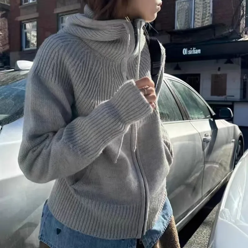 الراقية مزدوجة سستة مقنعين 100% الكشمير سترة مشغولة من الصوف المرأة سترة فضفاضة معطف بقلنسوة لخريف شتاء معطف الصوف #3