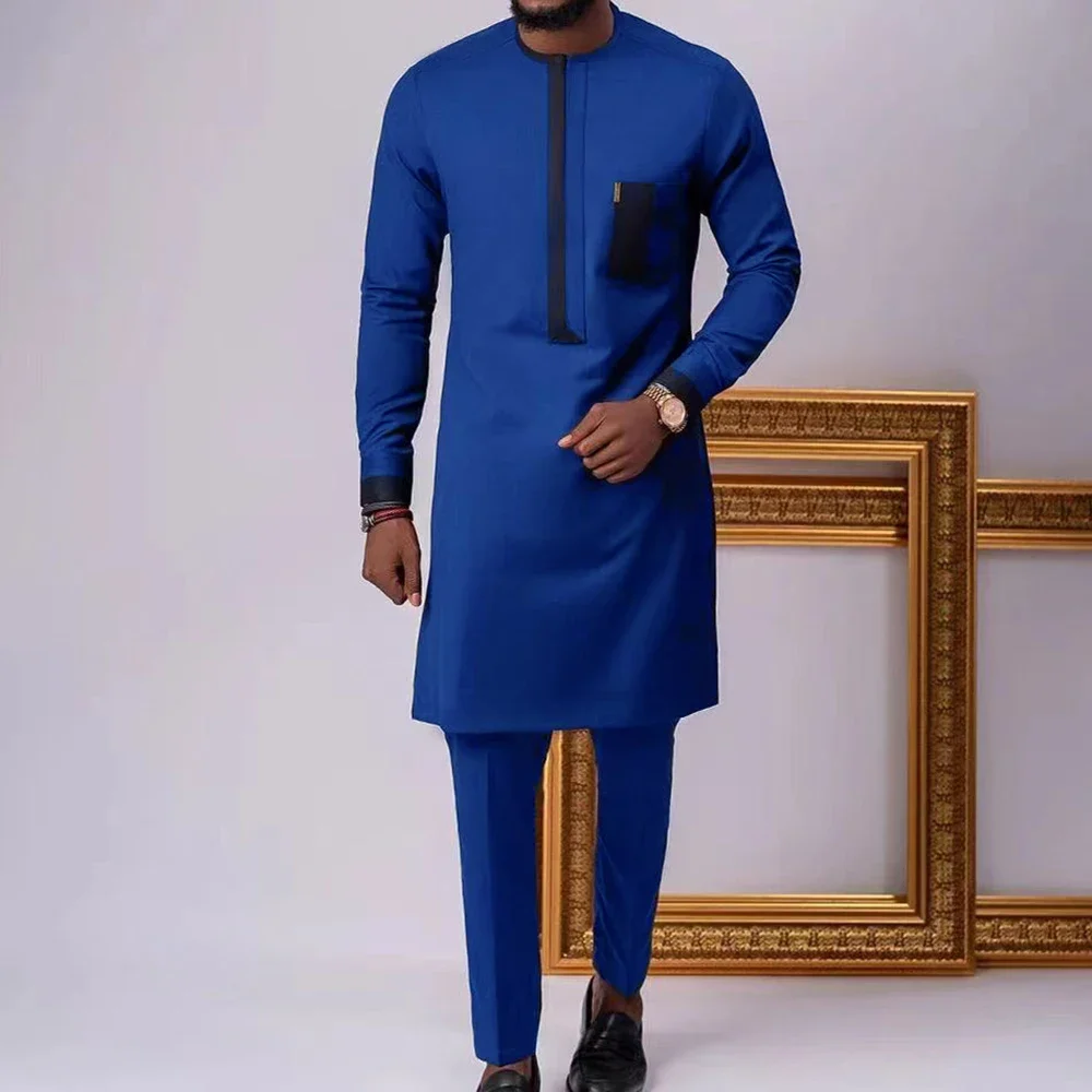 African Ethnic Style Cotton Color Contrast Long-sleeved Round Neck Men's Business Casual Suit Tribal Totem Chief Two-piece Suit