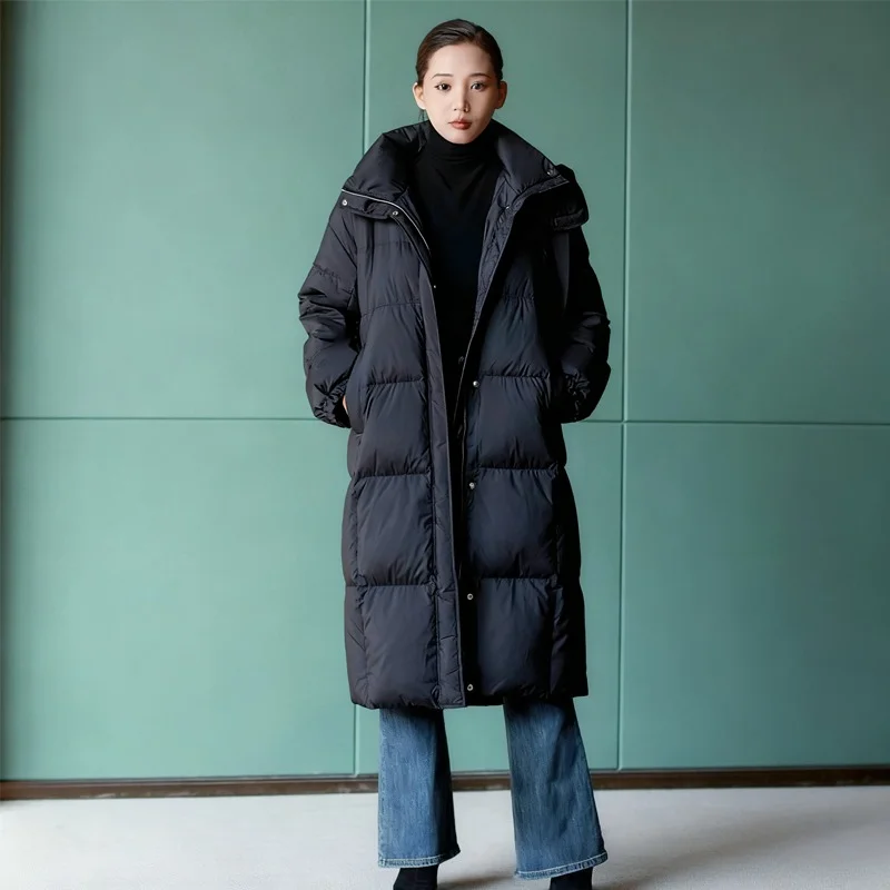 Chericom Chaqueta larga de plumón con capucha y cordón, abrigos holgados para mujer, abrigo acolchado de relleno de plumón de pato grueso para mujer Y308179Y