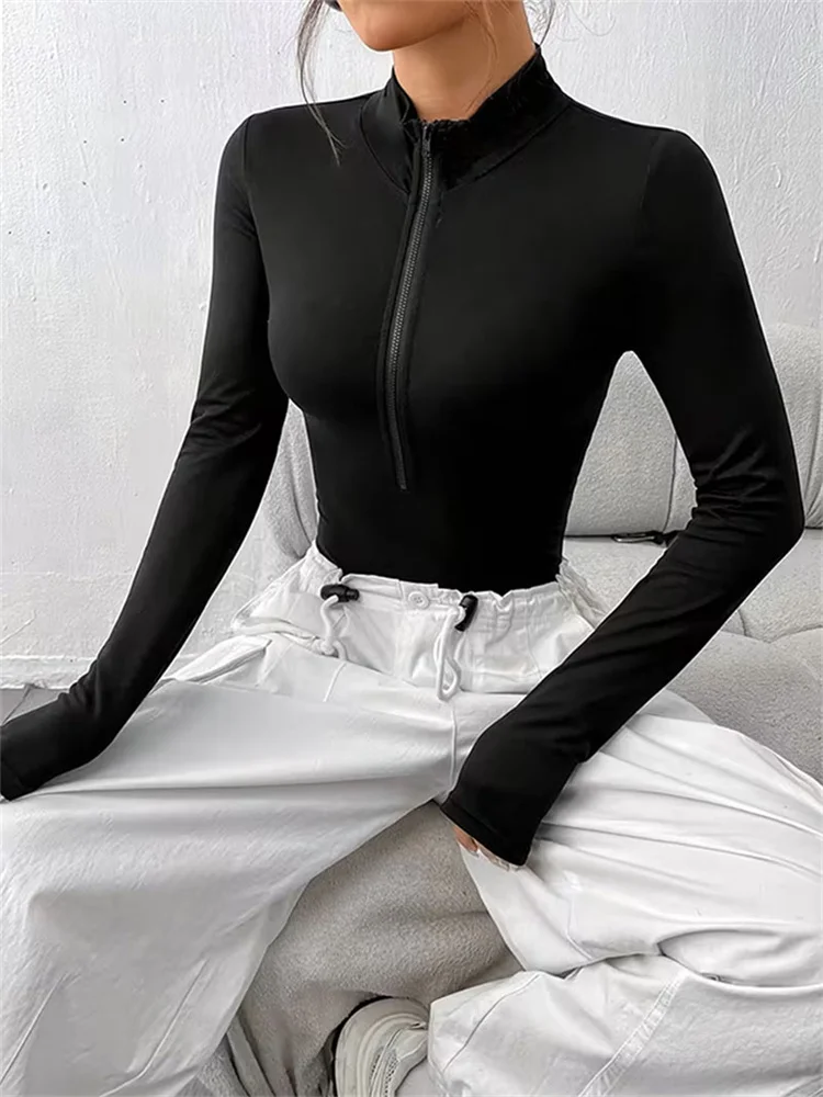 Shestyle Zipper Fly Black Gray Bodysuit for Women Solid Basic Mock Neck Full Sleeve Skinny Warm Soft Comfortable T-Shirt 2026