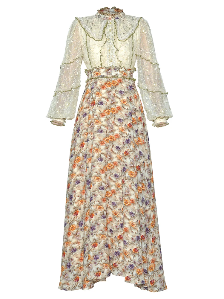 Langes Damenkleid 2025, Frühling, Perlenstickerei, Stehkragen, Pailletten, Spitzennähte, Jacquard, bedruckt, Blumenmuster, Damen-X-Langkleider