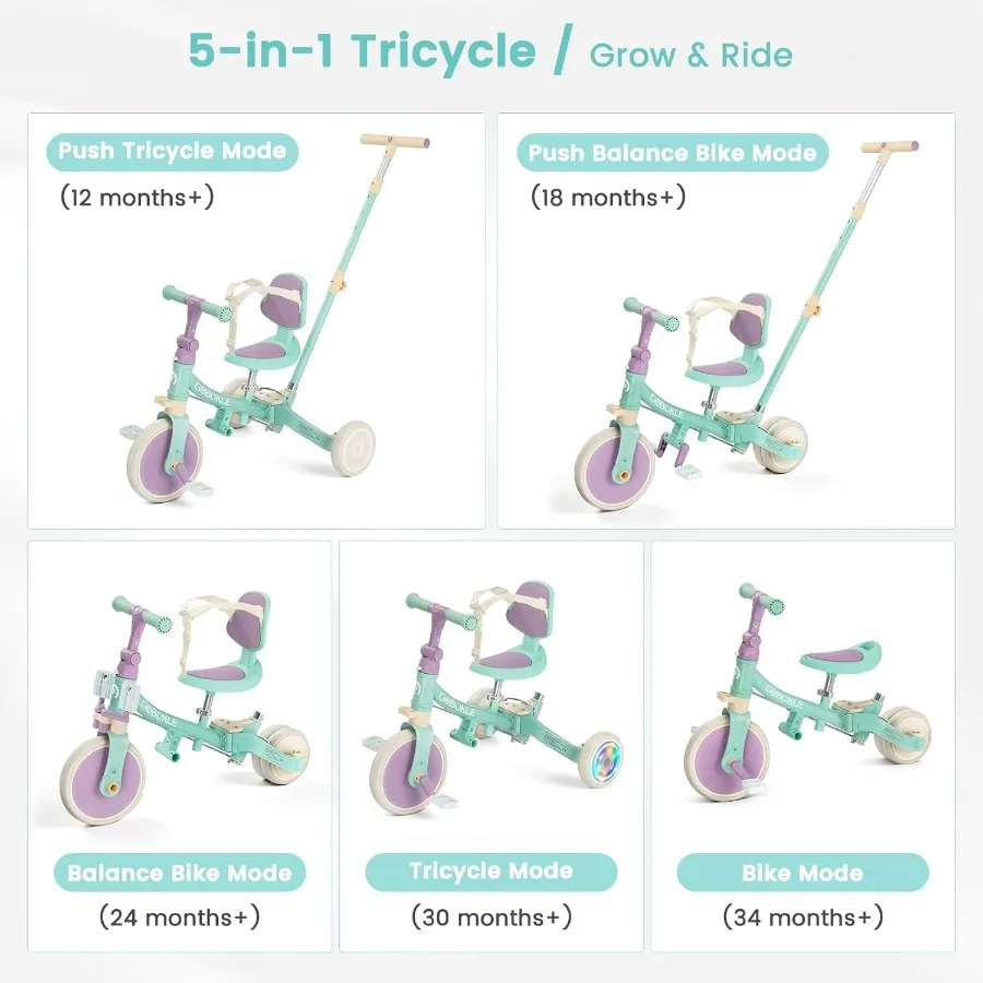 รถสามล้อเด็ก 5-in-1 สำหรับเด็กวัย 1-3 ปี แปลงเป็นจักรยานเด็กพร้อมที่จับสำหรับเข็นและถอดแป้นเหยียบได้ จักรยานทรงตัวพร้อมไฟหลากสี
