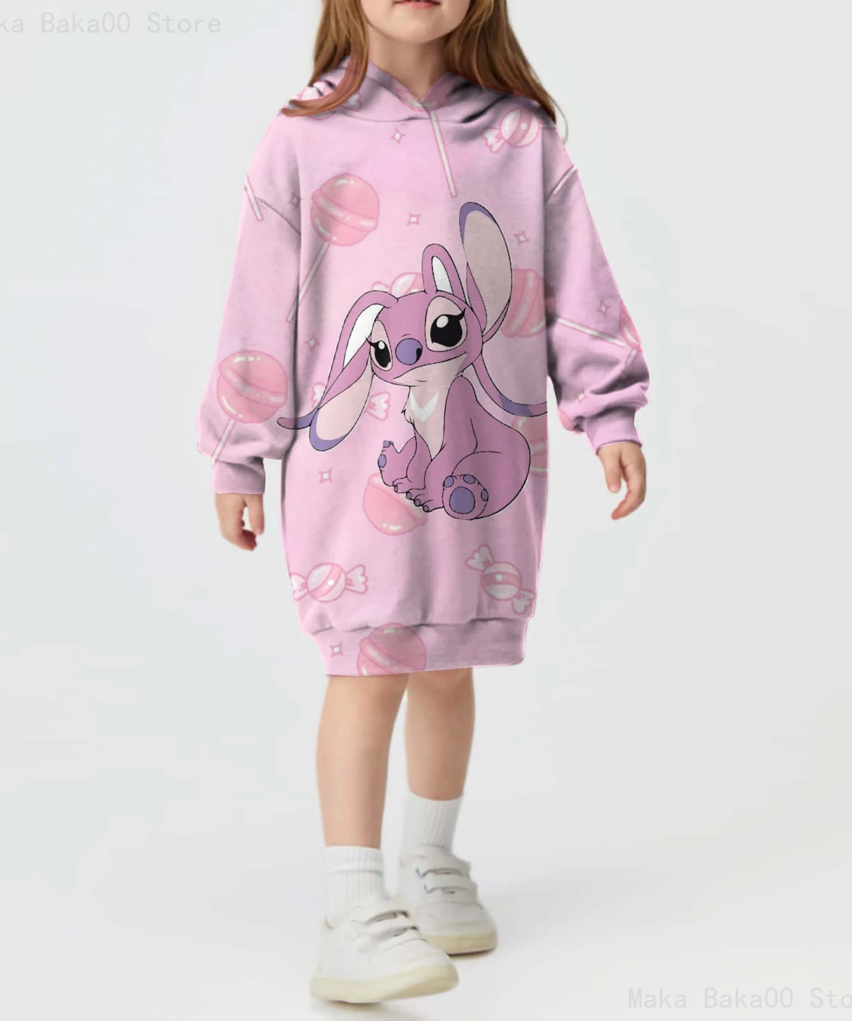

Cartoon Stitch Printed Girls Hooded Sweater Dress Disney Winter Warm and Comfortable College Style Children's Clothing